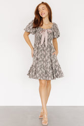Anastasia Bow Short Dress | Dusty Olive Print