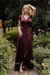 Krystal Satin Wrap Gown | Dark Clove