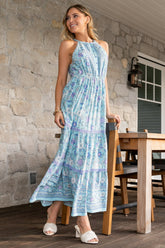 Meline Button Front Maxi Dress | Light Blue Multi