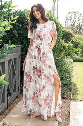 Naomi Short Sleeve Maxi Dress | Off White + Rose Floral