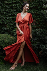 Sicily Satin Maxi Dress | Rust