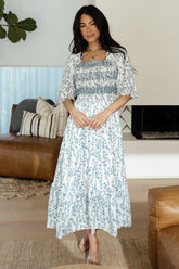 Tulsa Smocked Dress | Off White + Blue