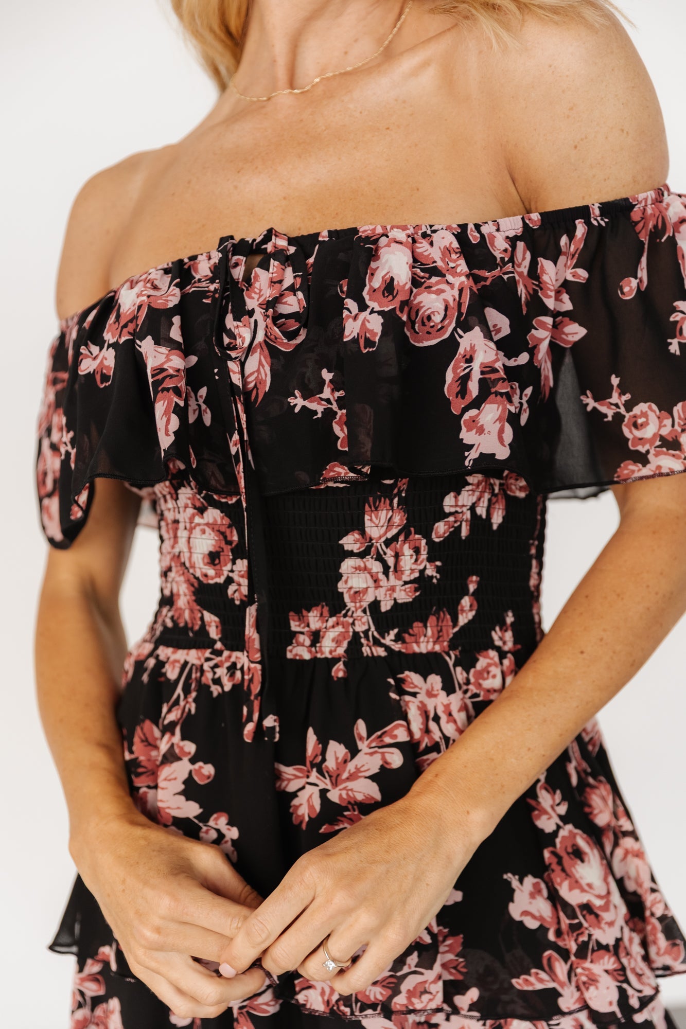 Carina Off Shoulder Maxi Dress | Black + Mauve Floral