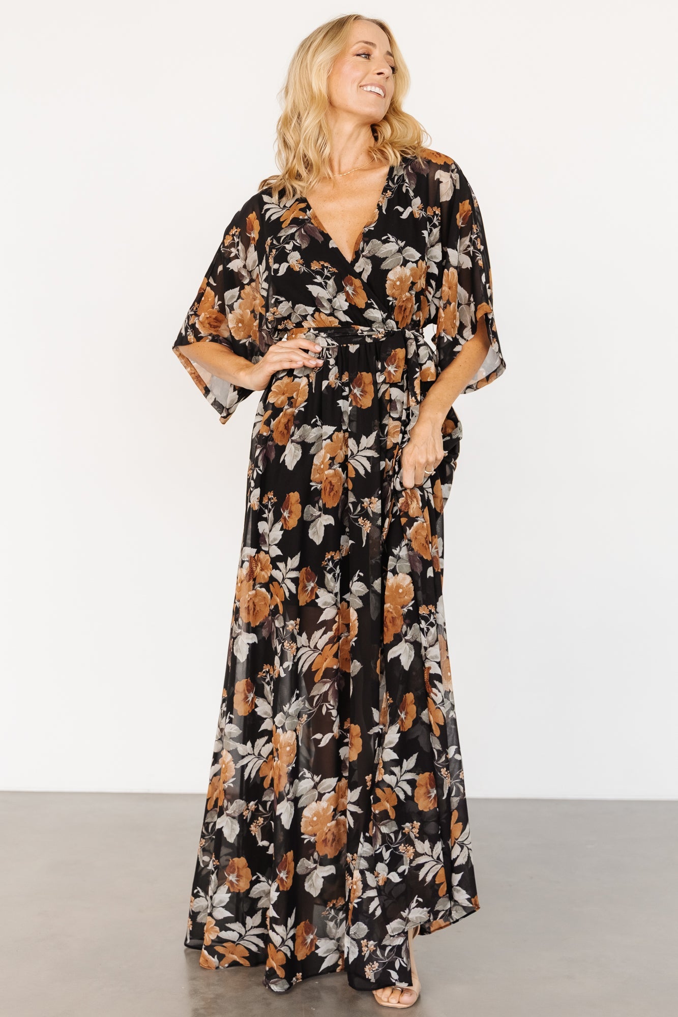 Kia Kimono Maxi Dress | Black + Copper Floral