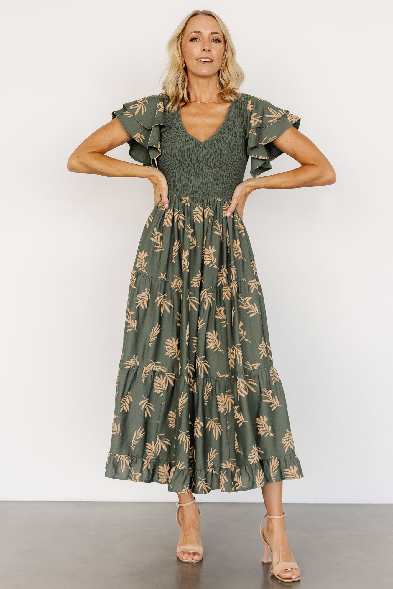 Estelle Smocked Midi Dress | Green + Tan Print