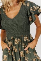 Estelle Smocked Midi Dress | Green + Tan Print
