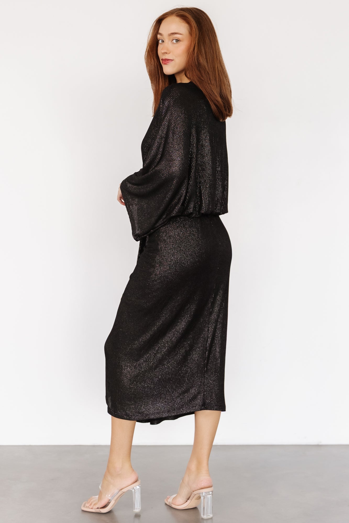 Ciara Ruched Midi Dress | Black Metallic