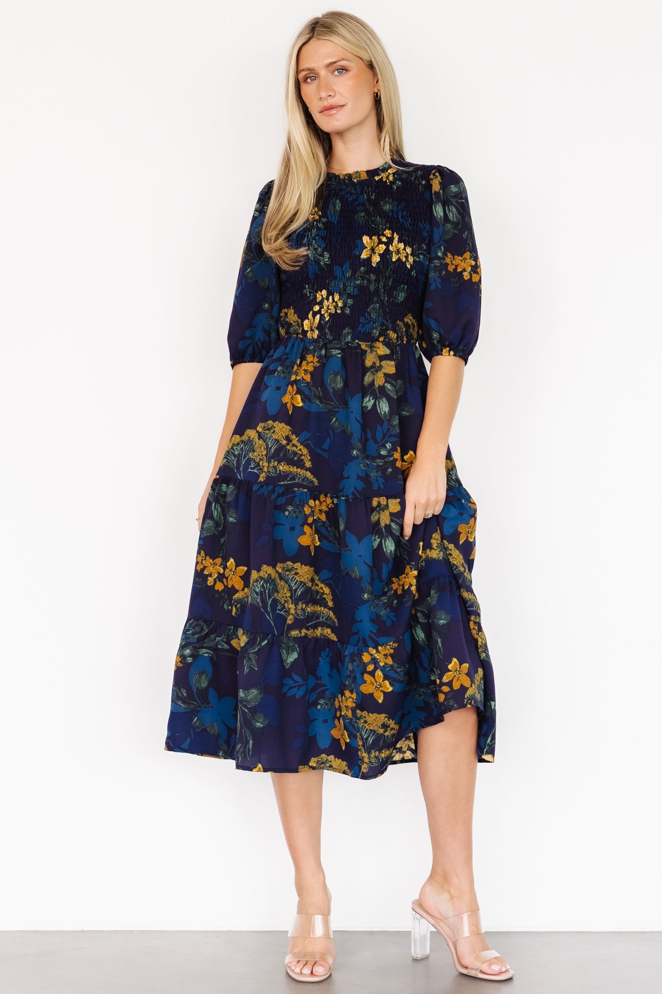 Lena Tiered Midi Dress | Navy + Gold Floral