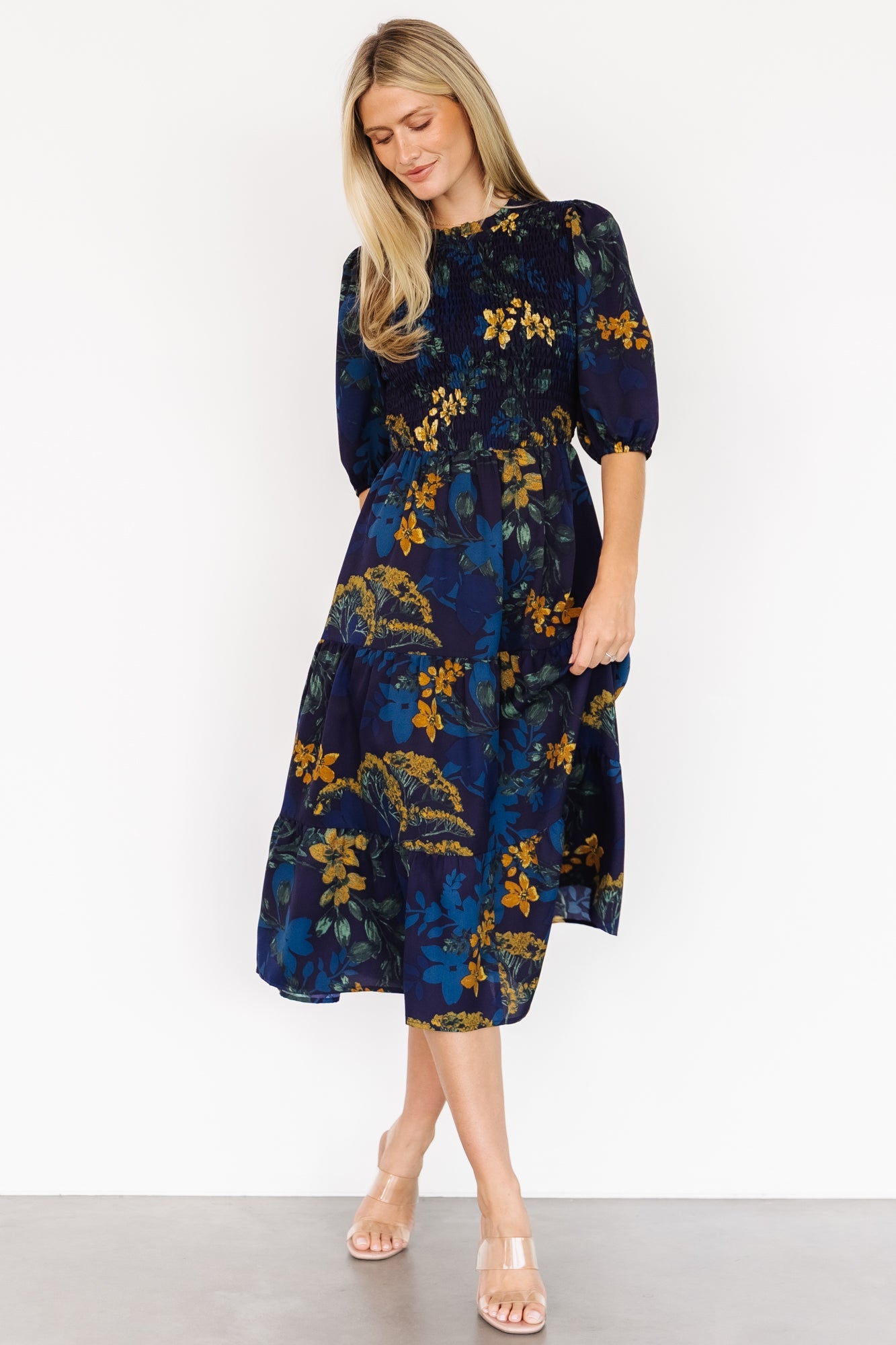 Lena Tiered Midi Dress | Navy + Gold Floral