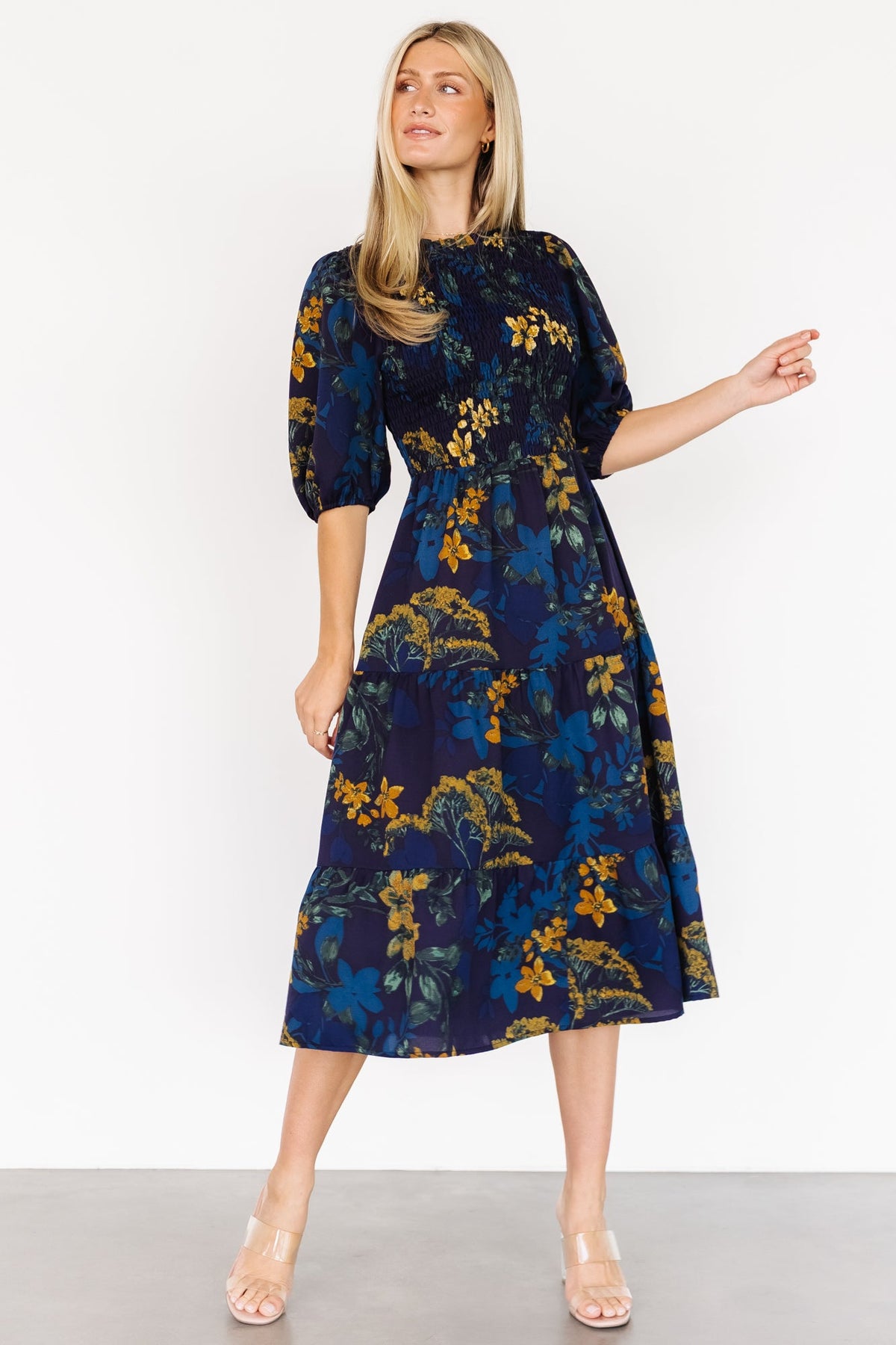 Lena Tiered Midi Dress | Navy + Gold Floral