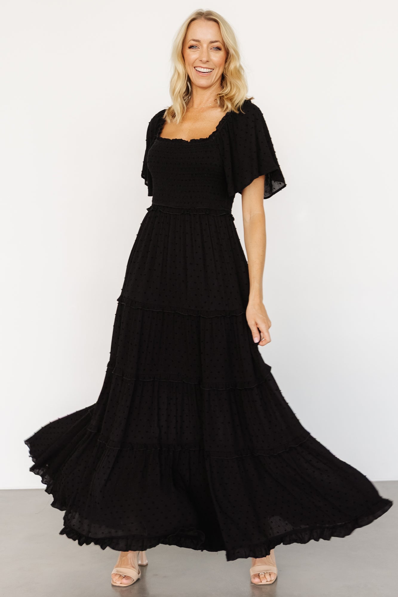 Lenora Smocked Dotted Maxi Dress | Black