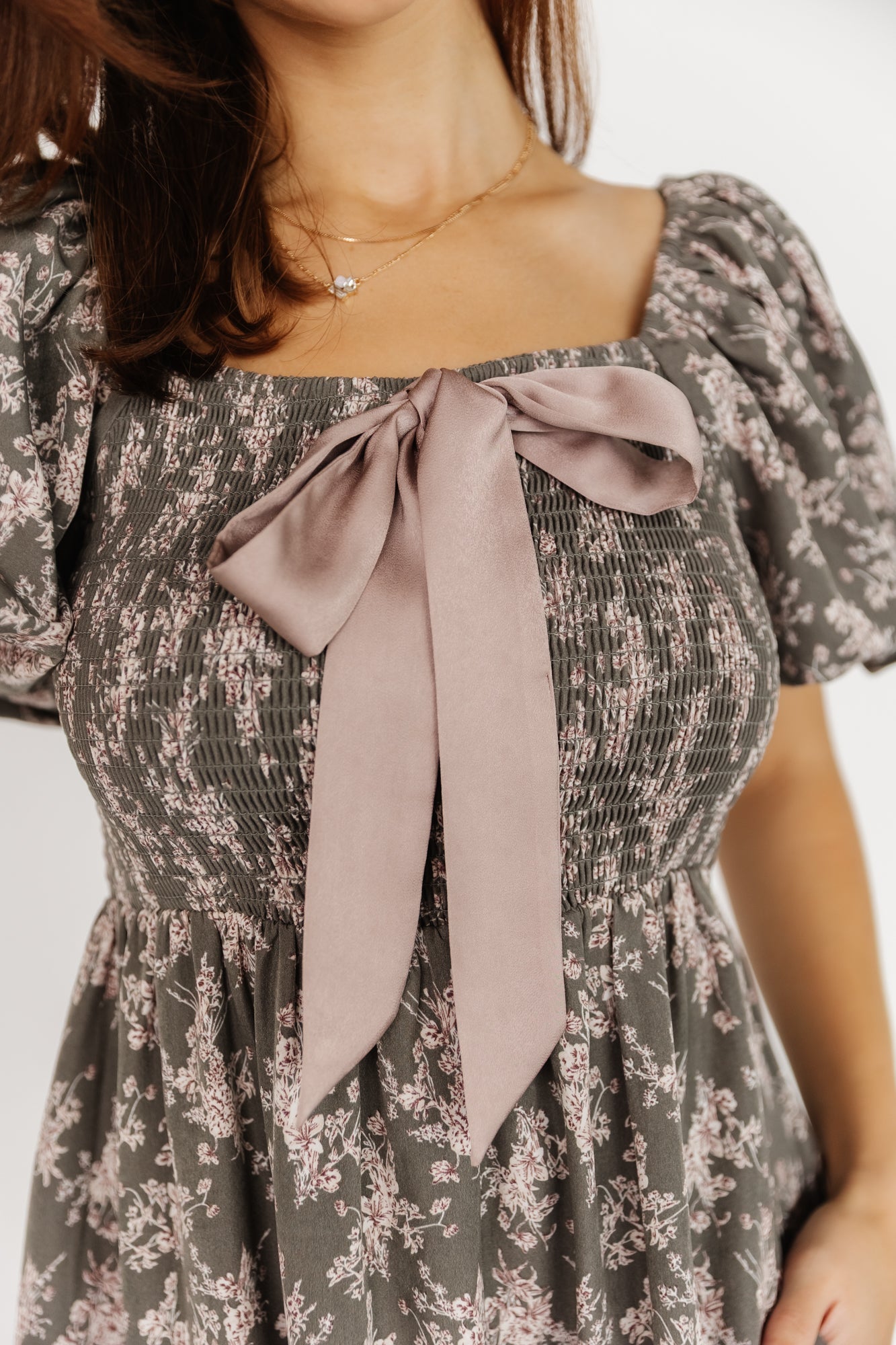 Anastasia Bow Short Dress | Dusty Olive Print