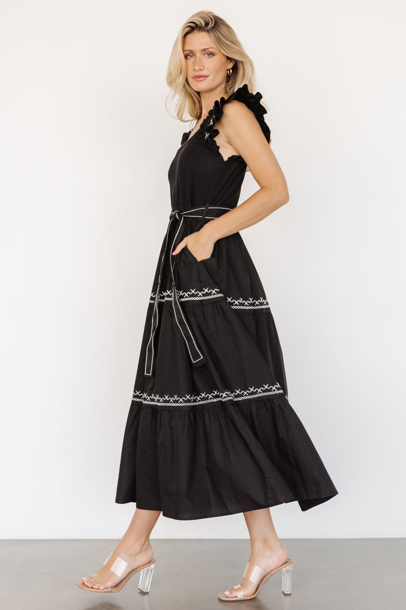 Elisa Embroidered Midi Dress | Black
