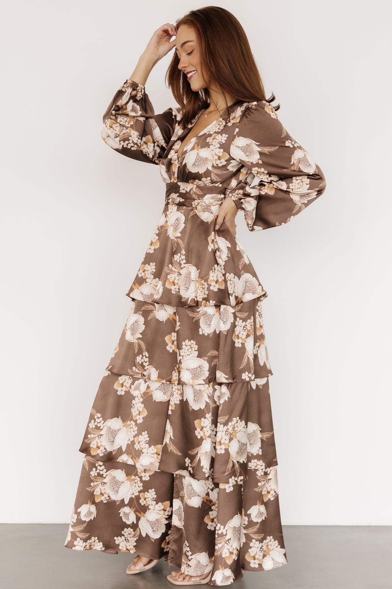 Montrouge Tiered Satin Dress | Mocha Floral