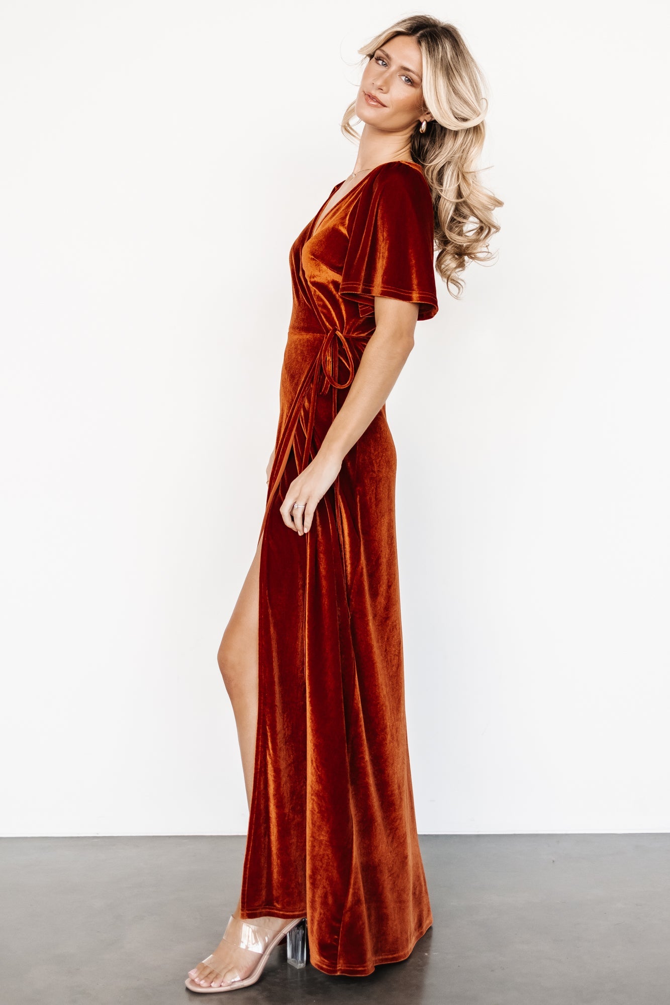 Meghan Velvet Wrap Maxi Dress | Rust