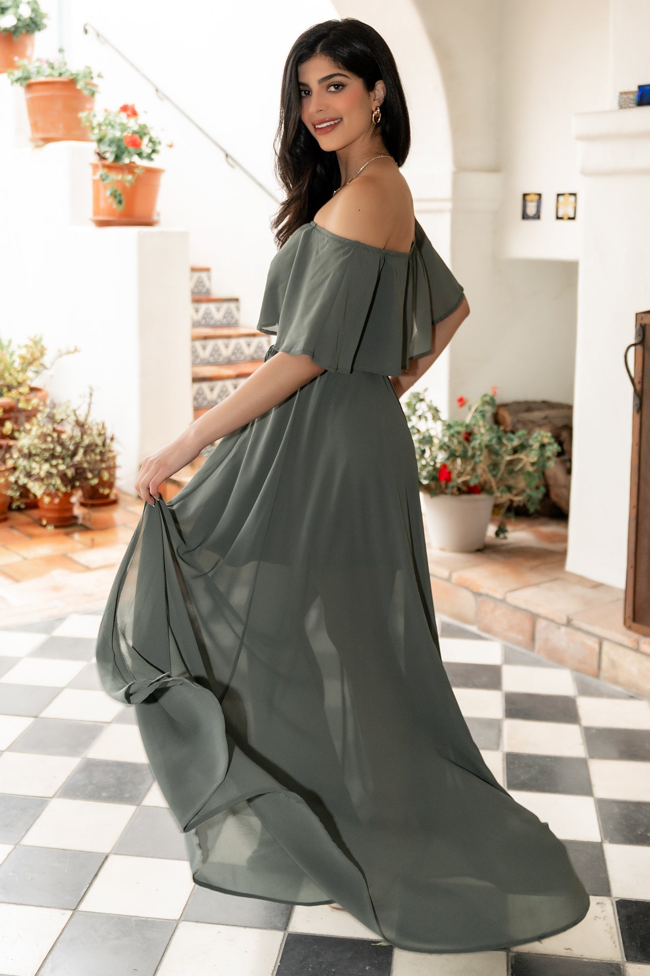 Victoria Off Shoulder Maxi Dress | Dark Sage