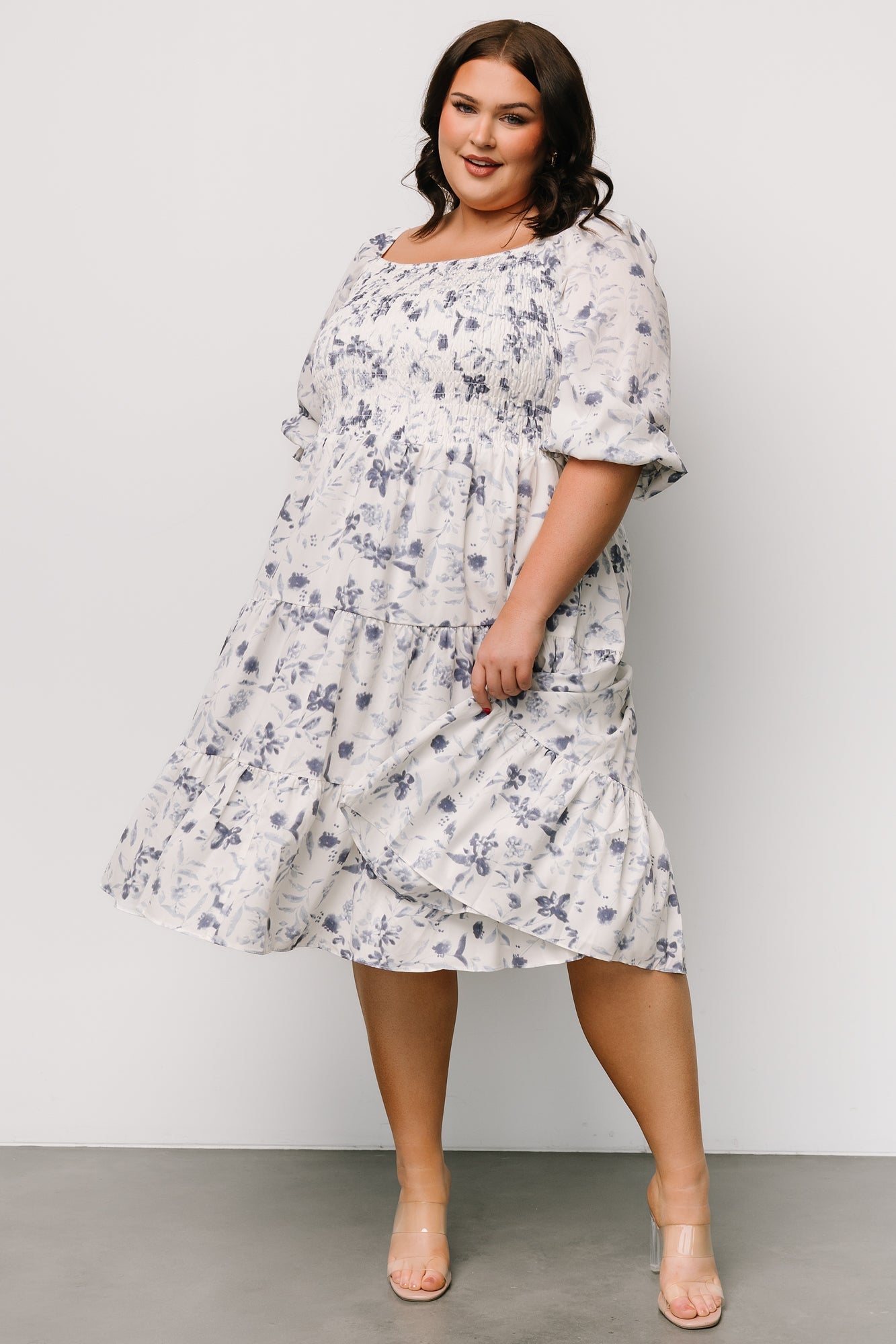 Marta Smocked Midi Dress | White + Blue