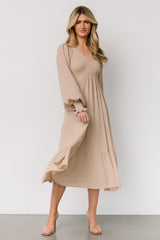 Lainey Smocked Dotted Midi Dress | Beige