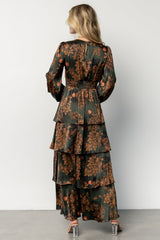 Montrouge Tiered Satin Dress | Olive Floral