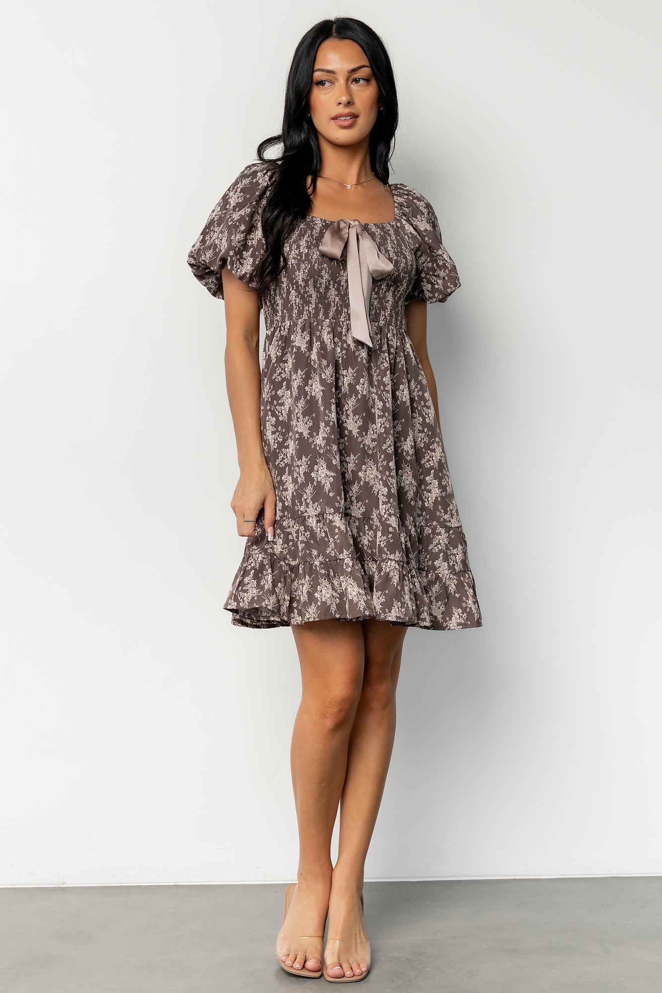 Anastasia Bow Short Dress | Dusty Clove Print