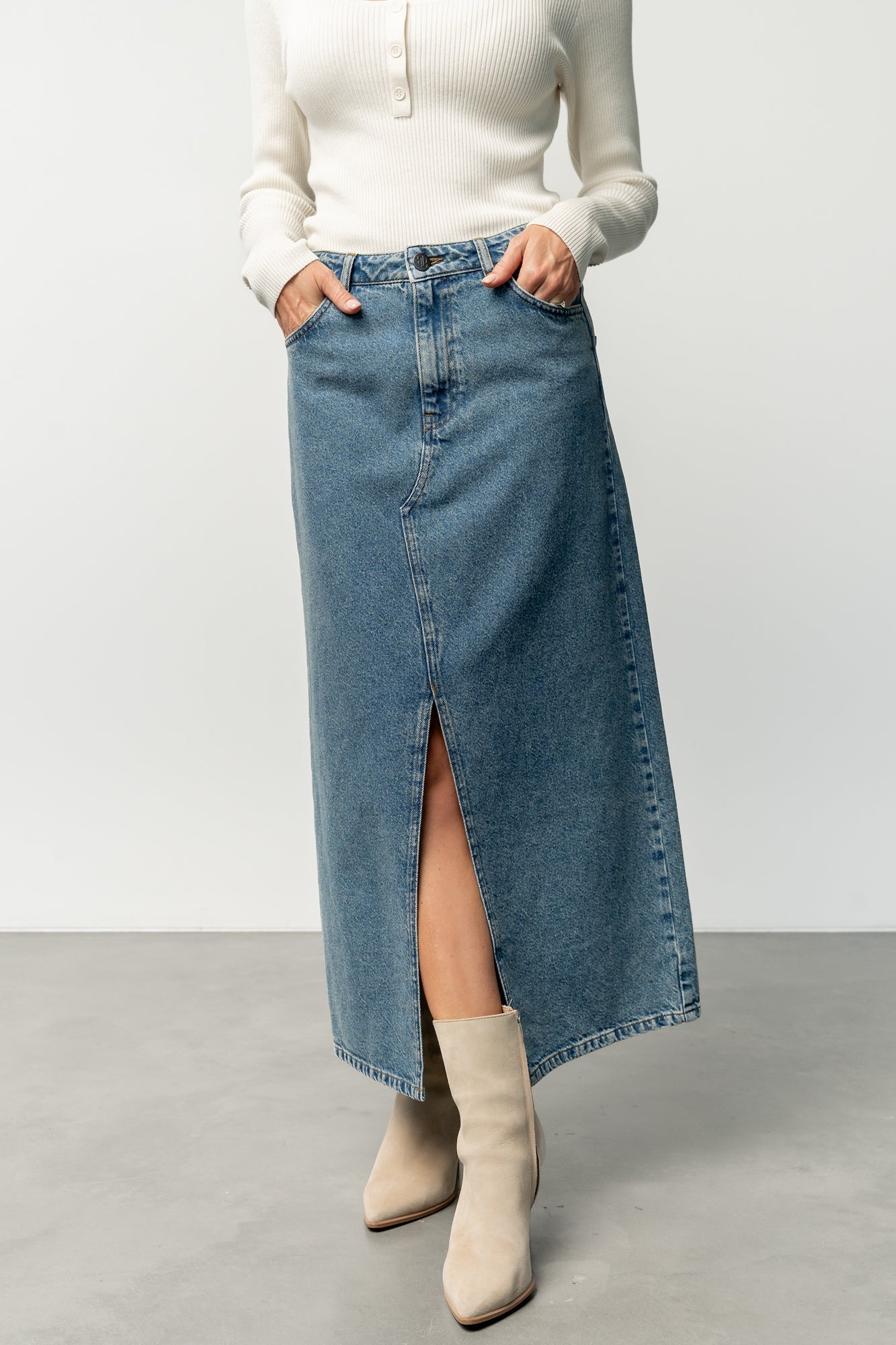Aleksa Denim Midi Skirt | Medium Wash