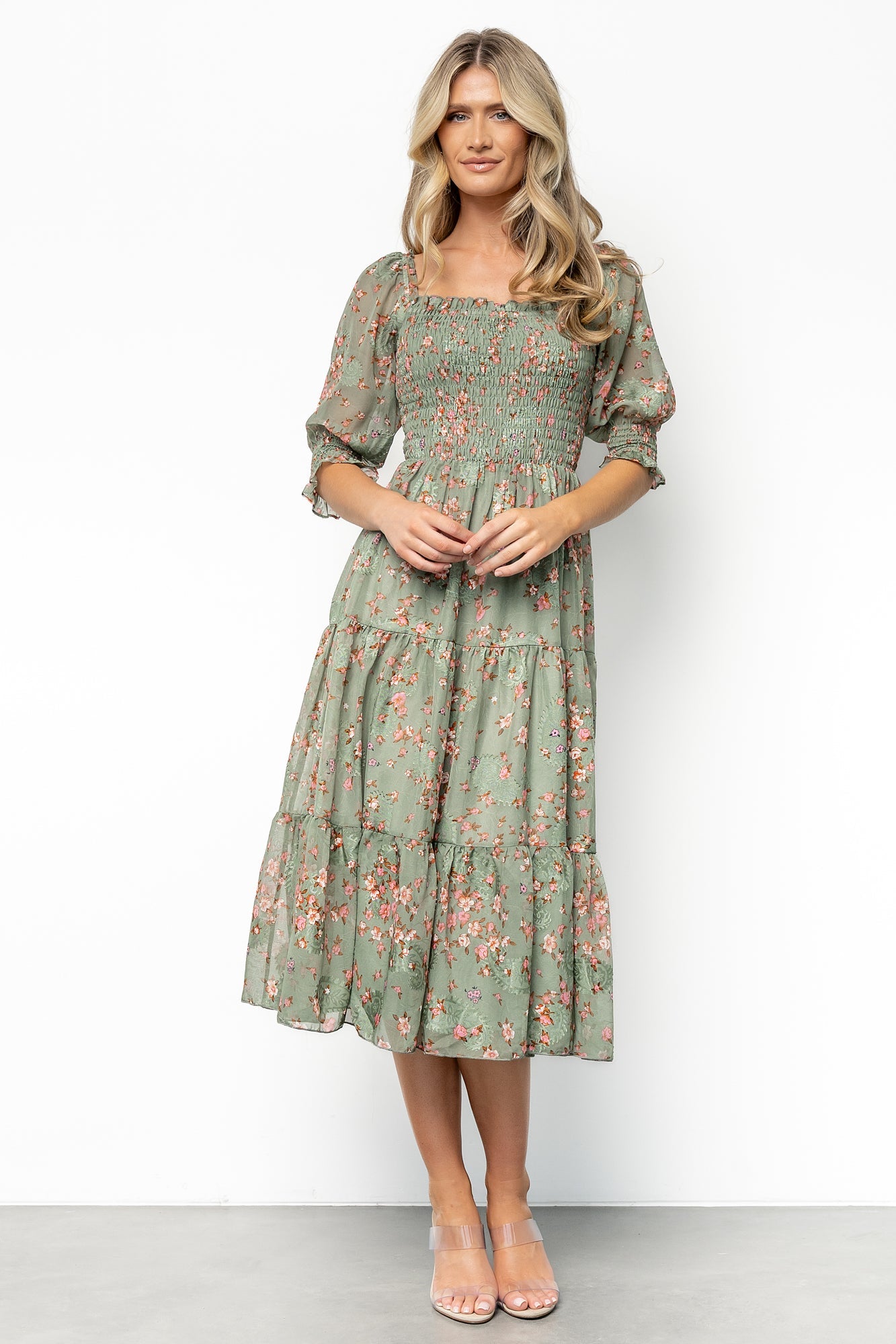 Fabian Jacquard Midi Dress | Eucalyptus + Pink