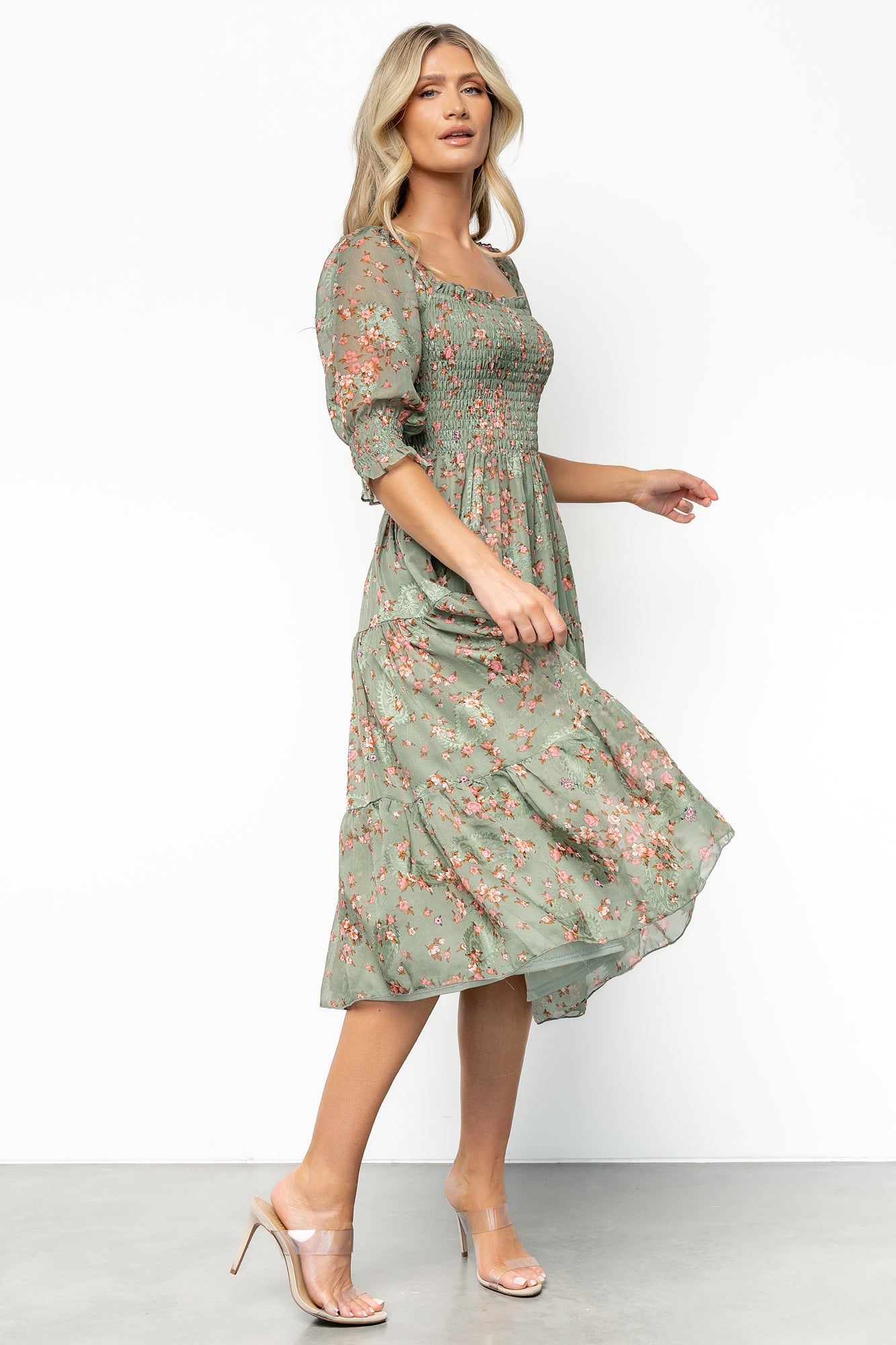 Fabian Jacquard Midi Dress | Eucalyptus + Pink