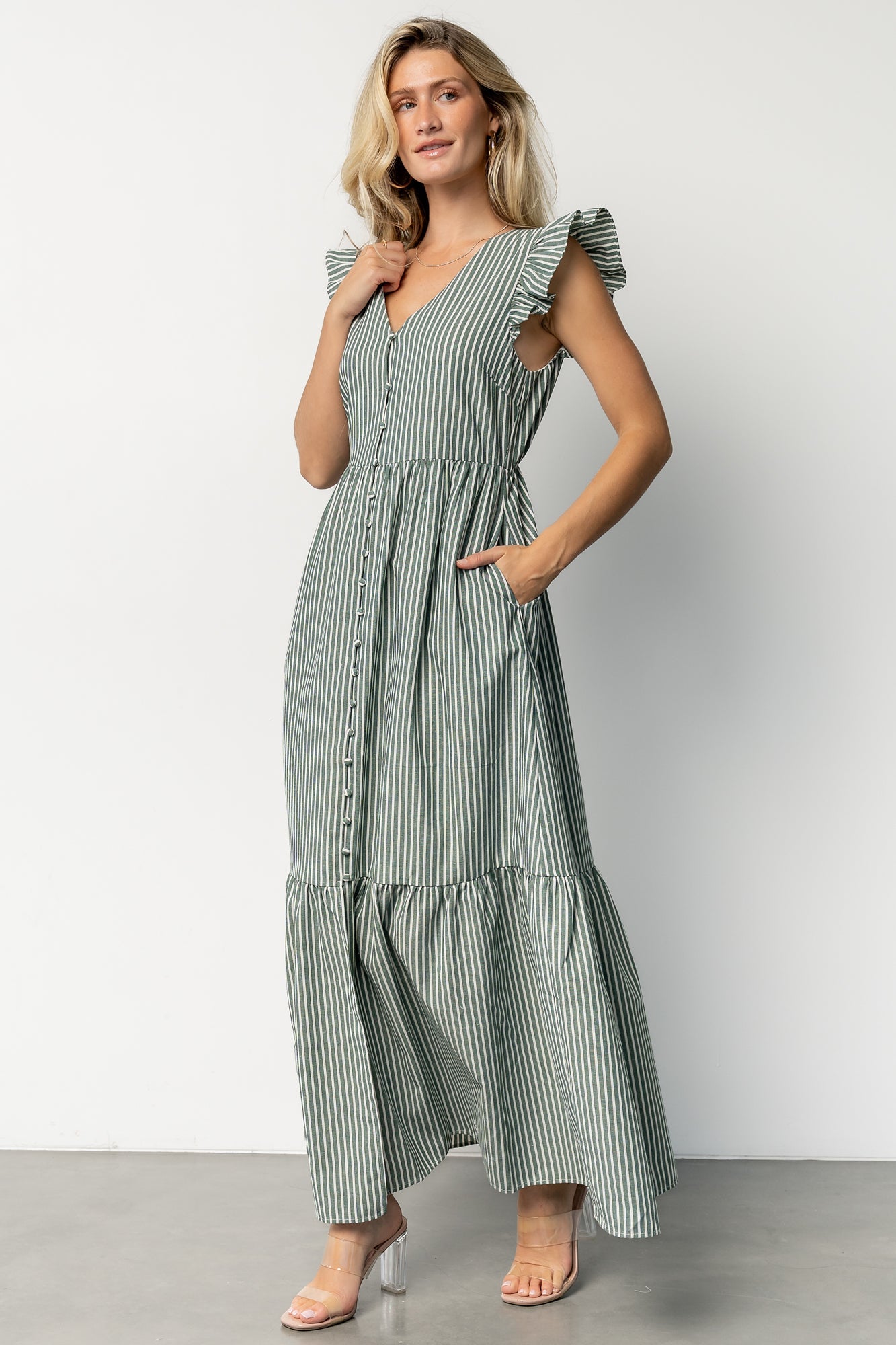 Hettie Button Maxi Dress | Green Stripe