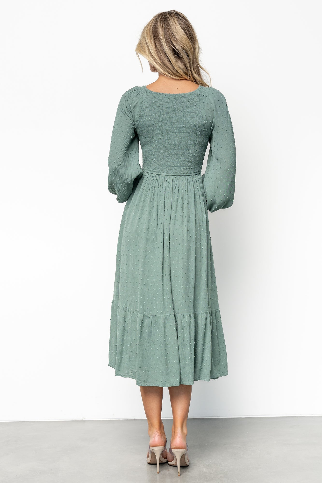 Lainey Smocked Dotted Midi Dress | Dark Sage