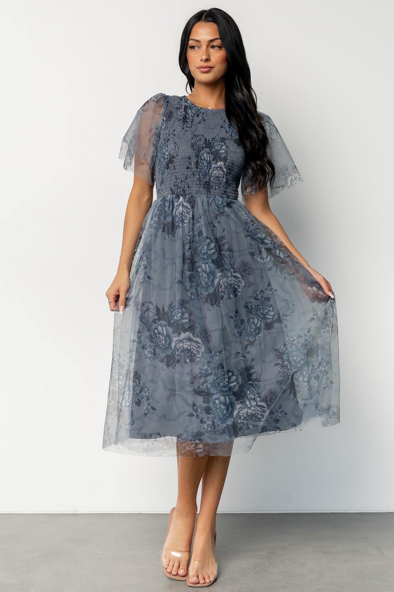 Josie Tulle Midi Dress | Dusty Blue Floral
