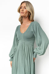 Lainey Smocked Dotted Midi Dress | Dark Sage