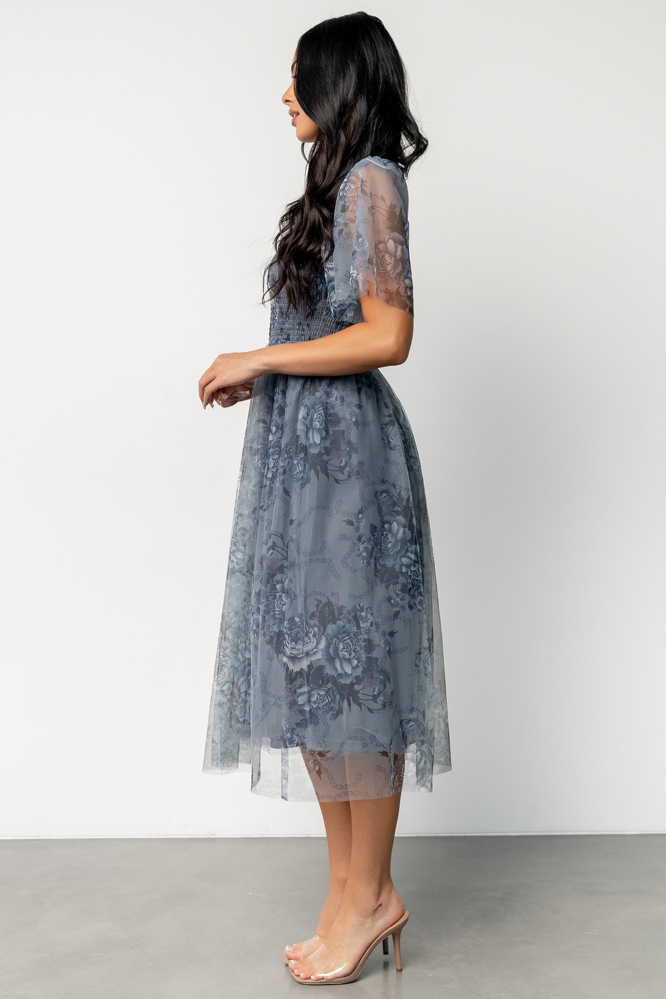 Josie Tulle Midi Dress | Dusty Blue Floral