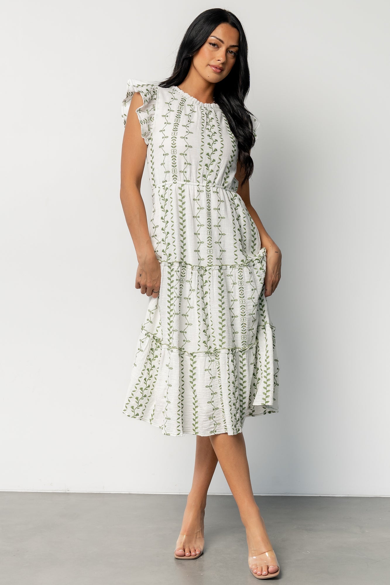 Frida Embroidered Midi Dress | White + Green Print