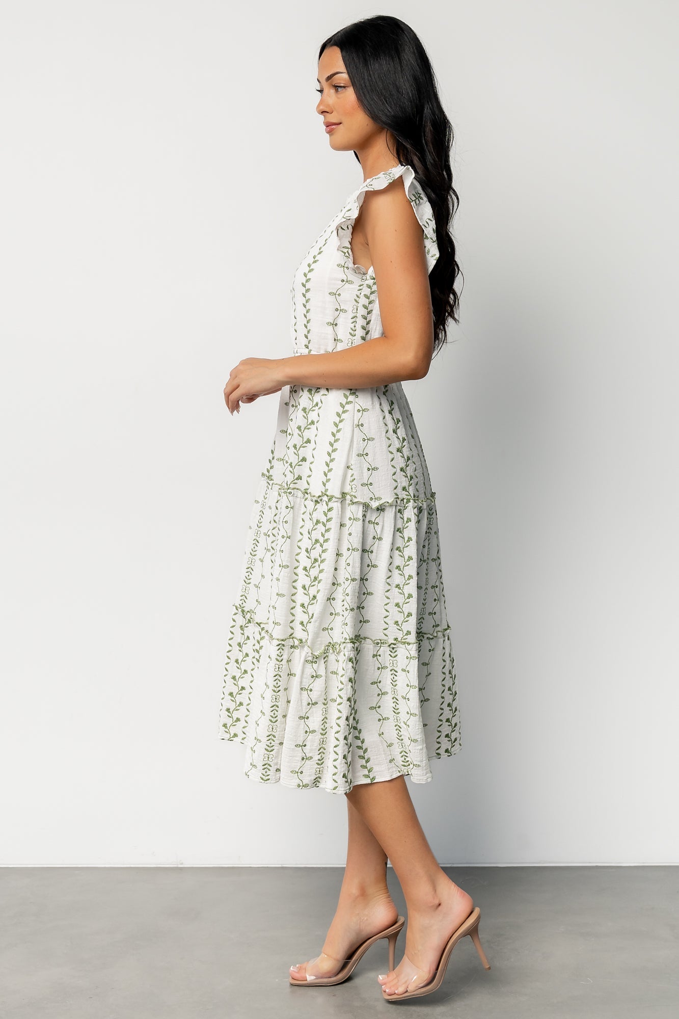 Frida Embroidered Midi Dress | White + Green Print