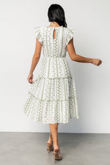 Frida Embroidered Midi Dress | White + Green Print