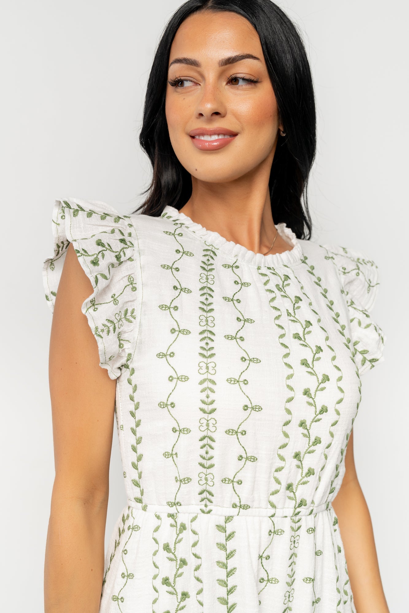 Frida Embroidered Midi Dress | White + Green Print