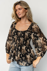 Fenna Smocked Top | Black Floral