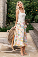 Gigi Button Midi Skirt | Off White + Multi Print