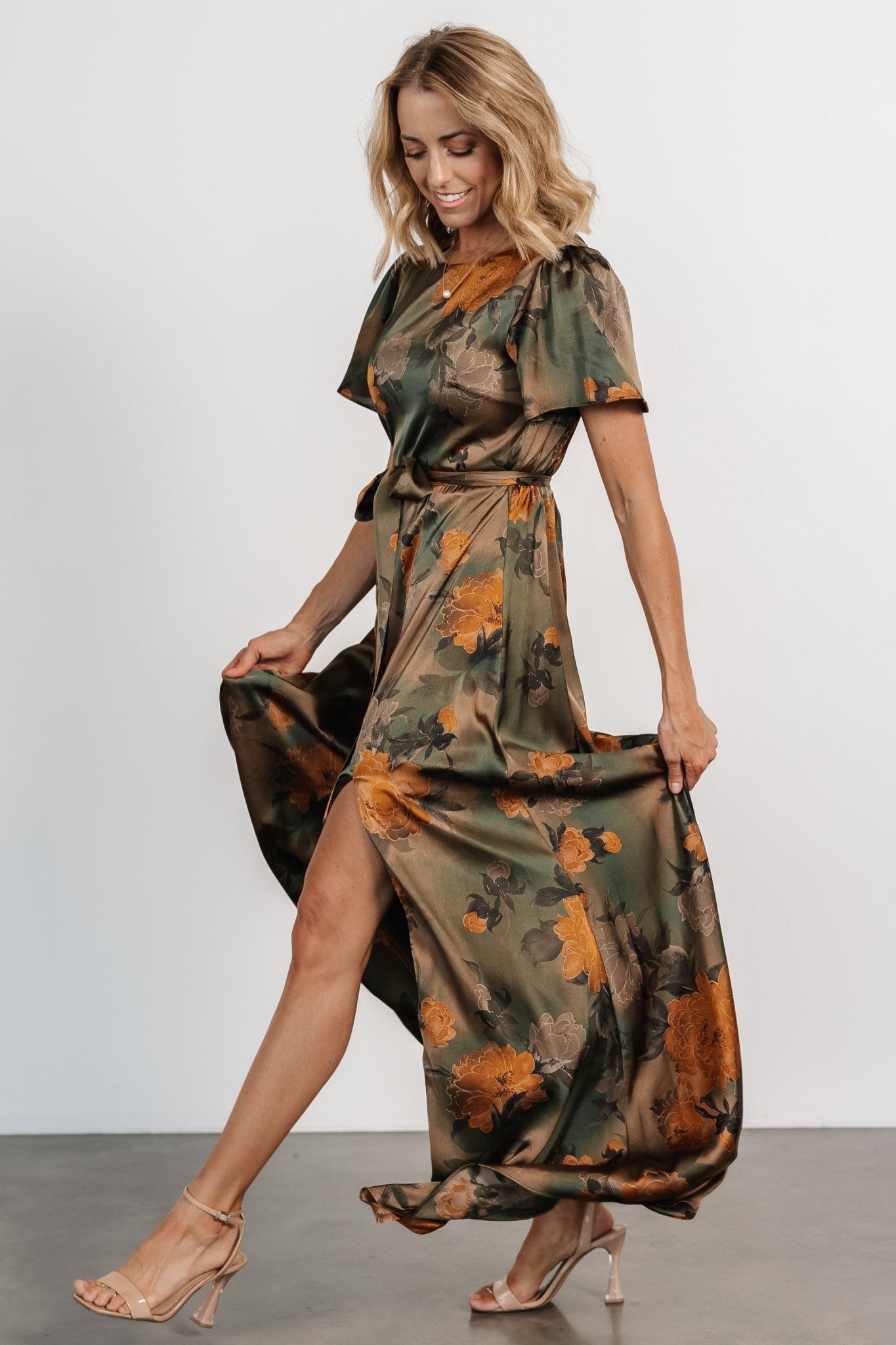 Agnes Satin Maxi Dress | Olive Floral