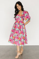 Aimee Puff Sleeve Midi Dress | Pink Multi