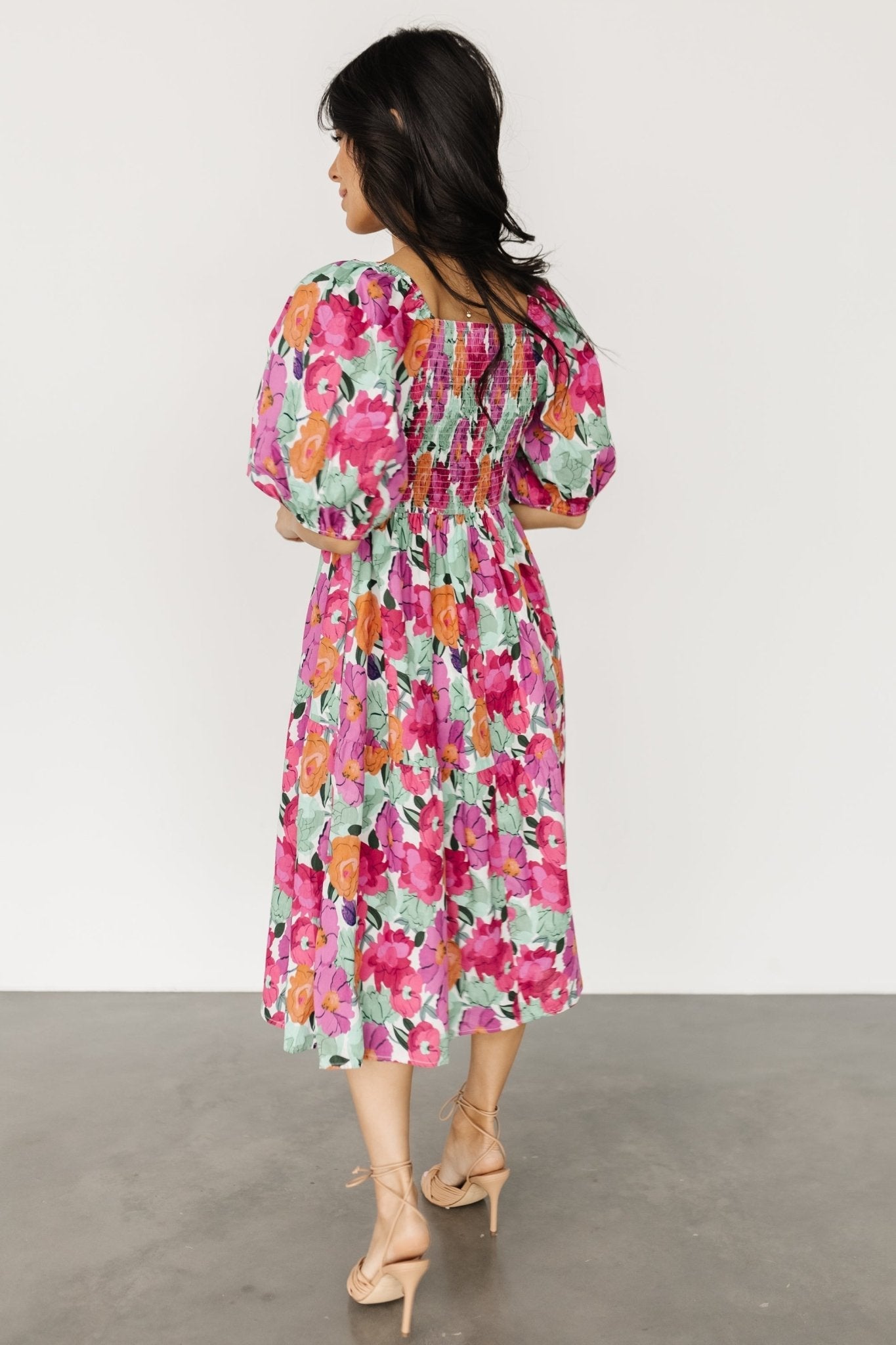 Aimee Puff Sleeve Midi Dress | Pink Multi