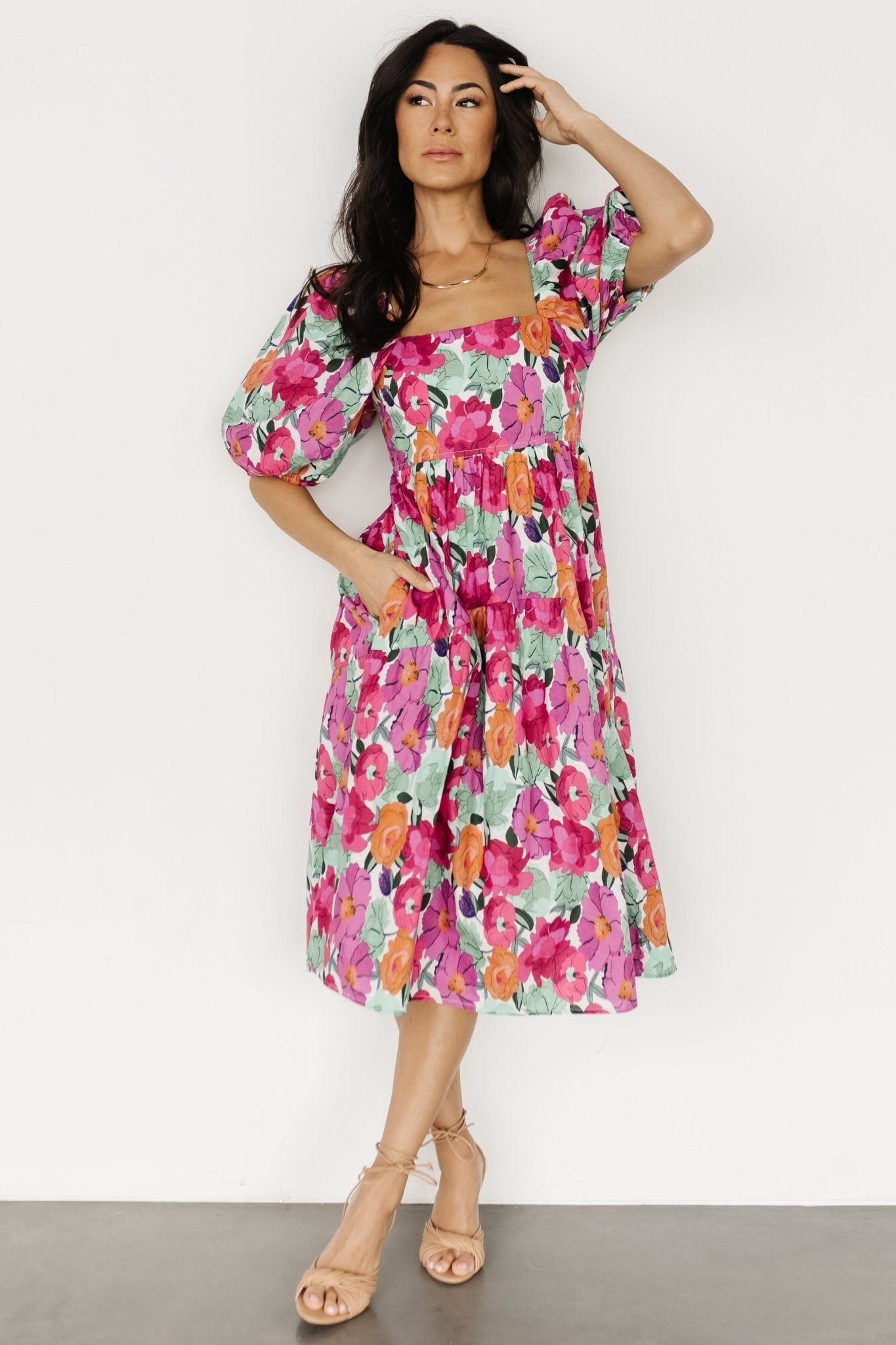 Aimee Puff Sleeve Midi Dress | Pink Multi