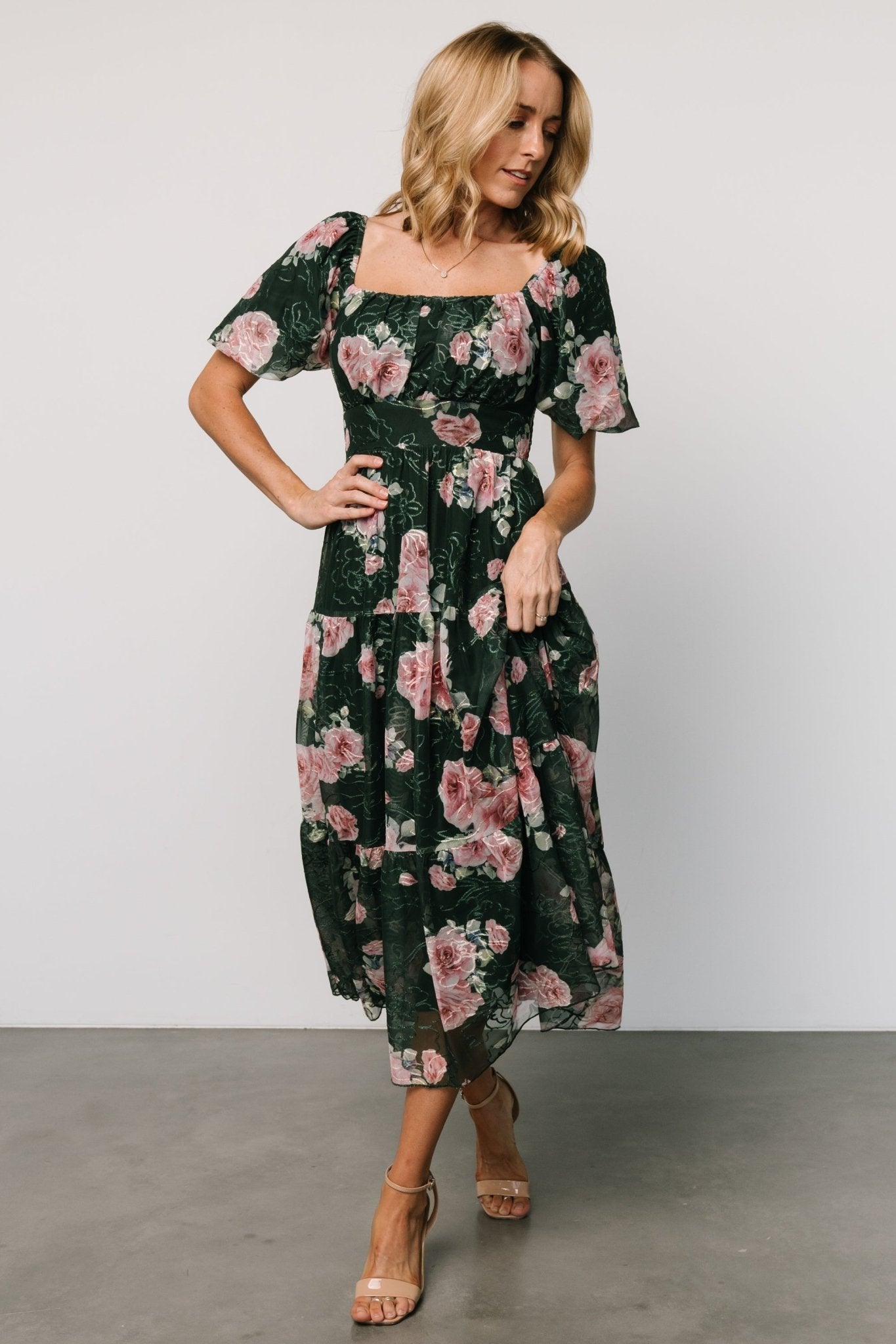 Annabeth Midi Dress | Dark Green + Pink