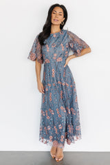 Arabella Embroidered Tulle Maxi Dress | Blue + Pink