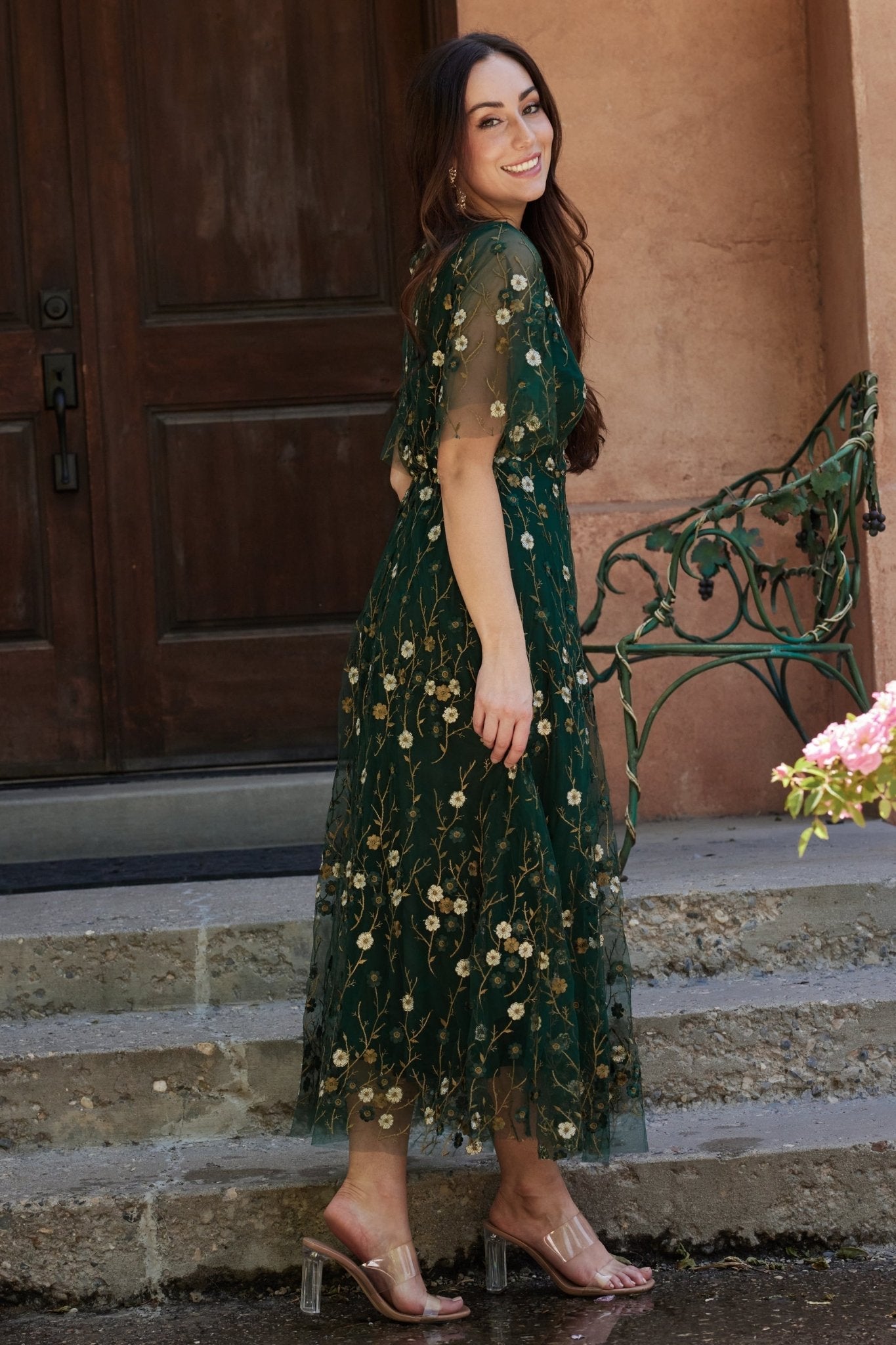 Arabella Embroidered Tulle Maxi Dress | Dark Green Floral