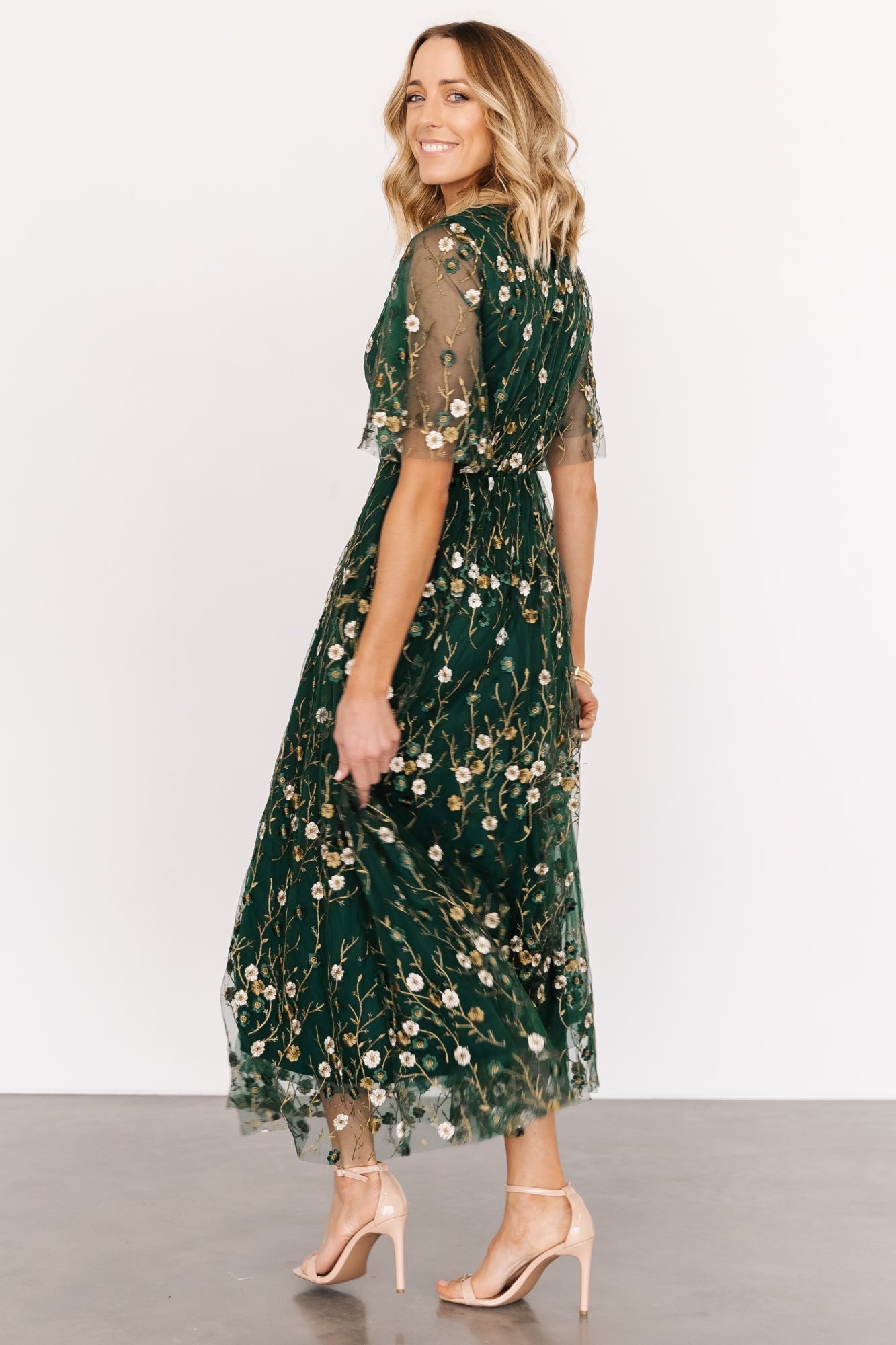 Arabella Embroidered Tulle Maxi Dress | Dark Green Floral