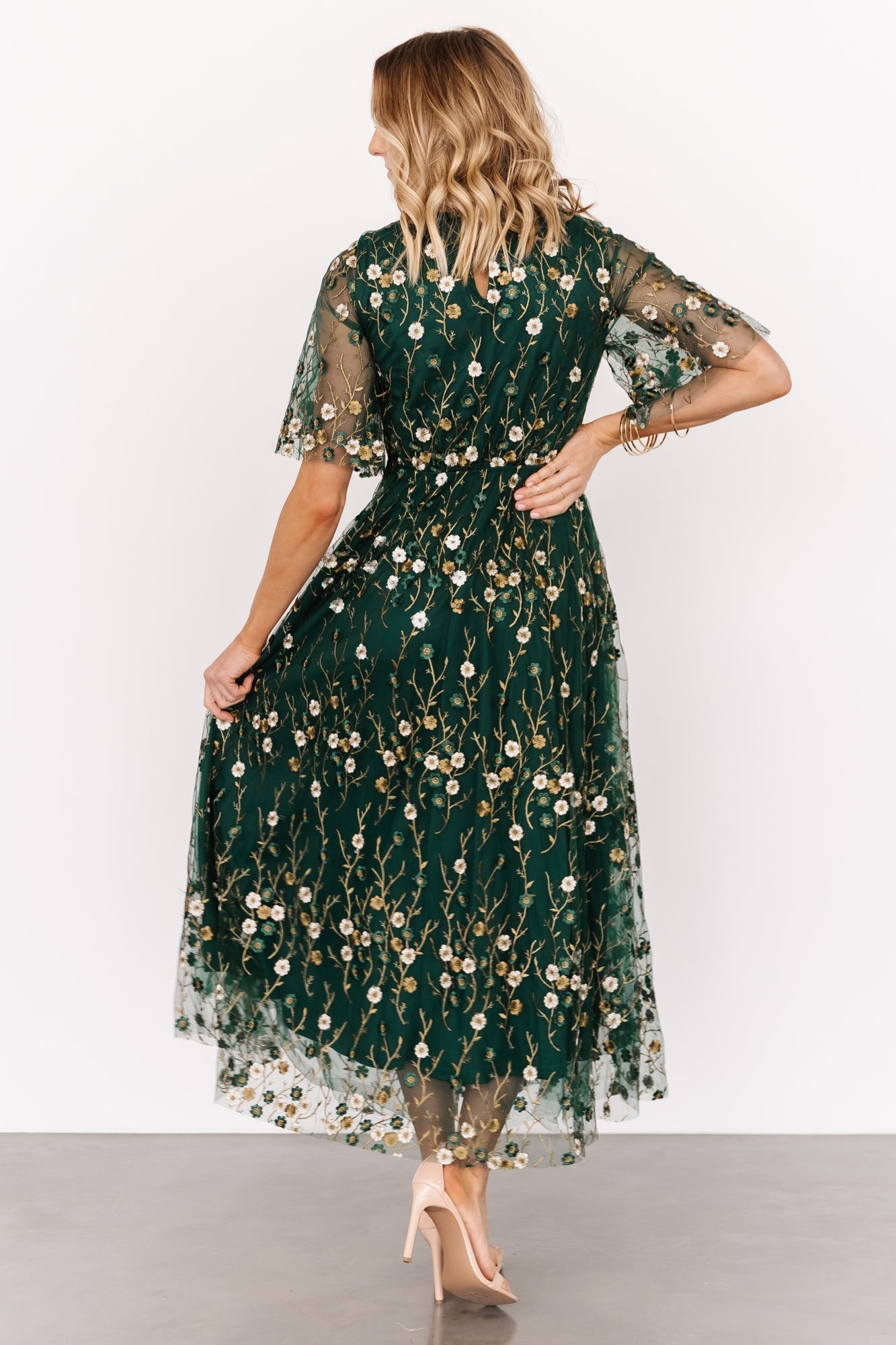 Arabella Embroidered Tulle Maxi Dress | Dark Green Floral