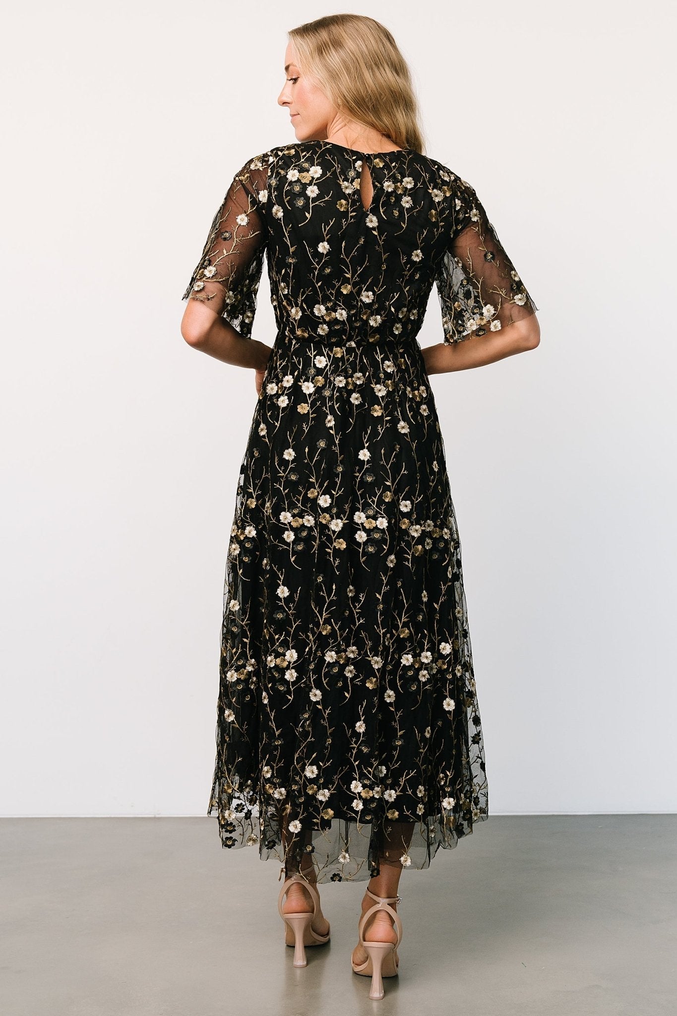 Arabella Embroidered Tulle Maxi Dress | Gold + Black