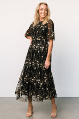 Arabella Embroidered Tulle Maxi Dress | Gold + Black