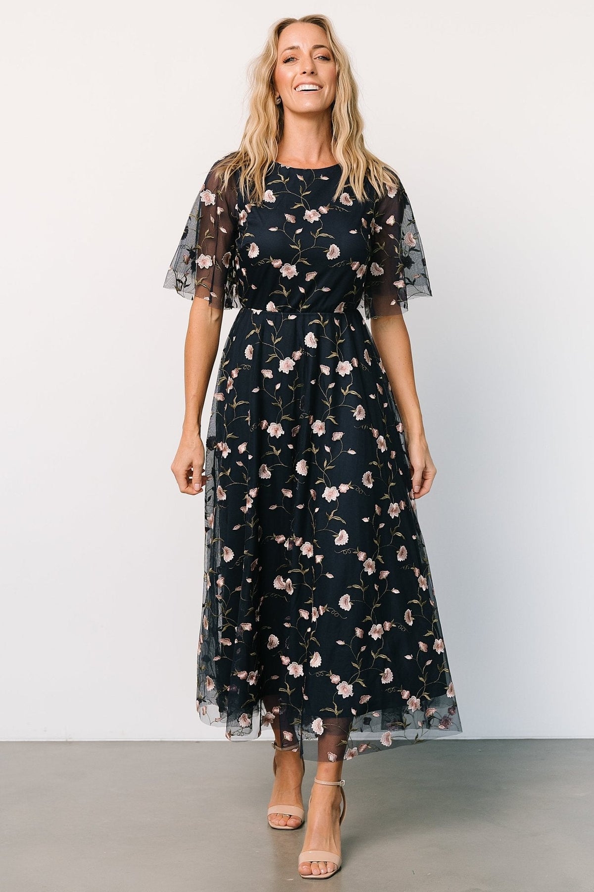Arabella Embroidered Tulle Maxi Dress | Pink + Navy
